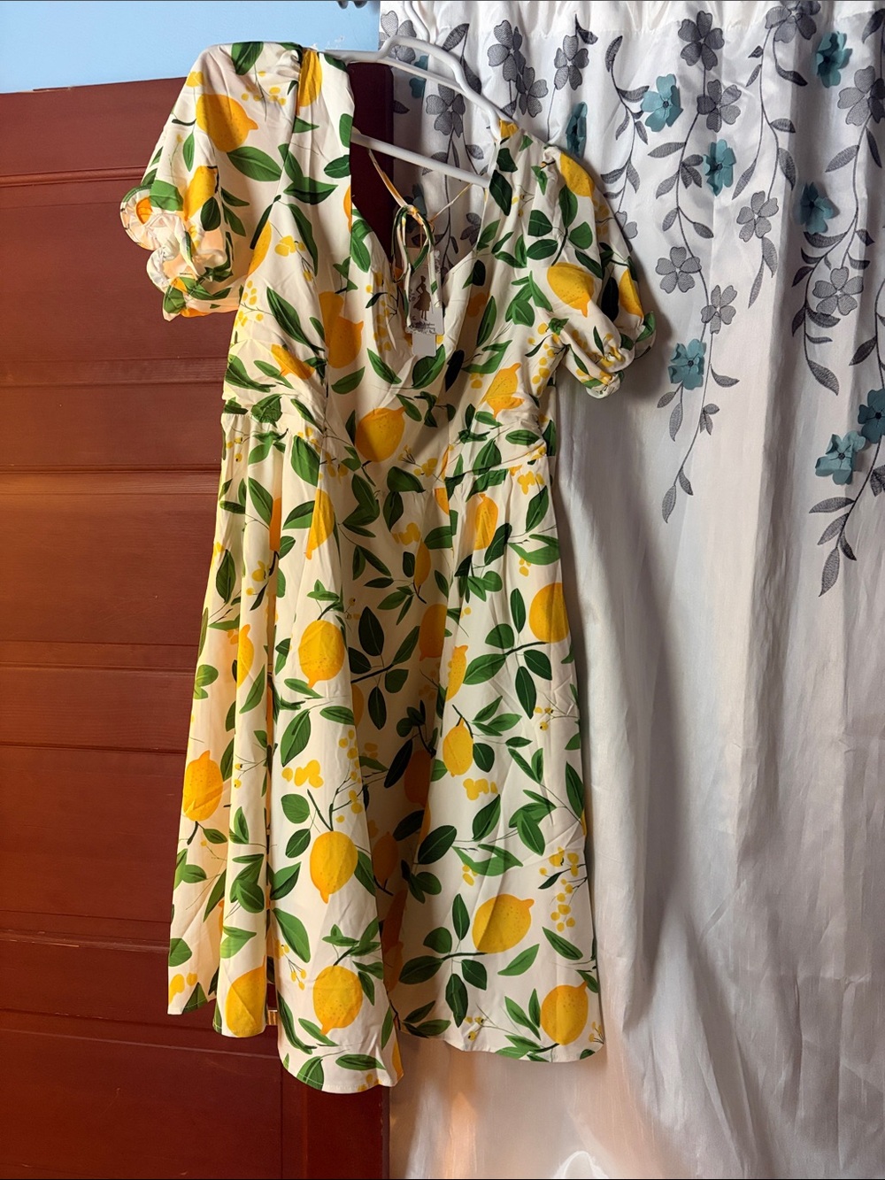Lemon-Print Puff Sleeve Midi Dress - Cream, Yellow & Green